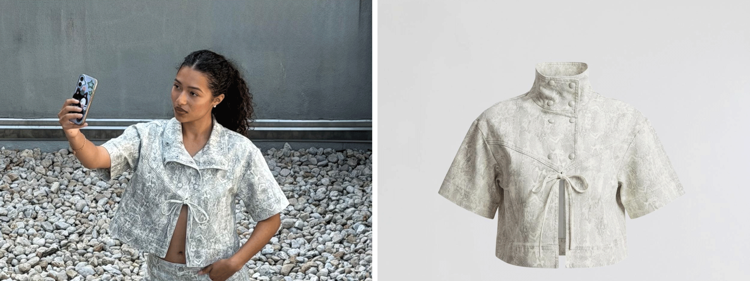 Snake Print Stretch Cotton Short Sleeve Tie Jacket