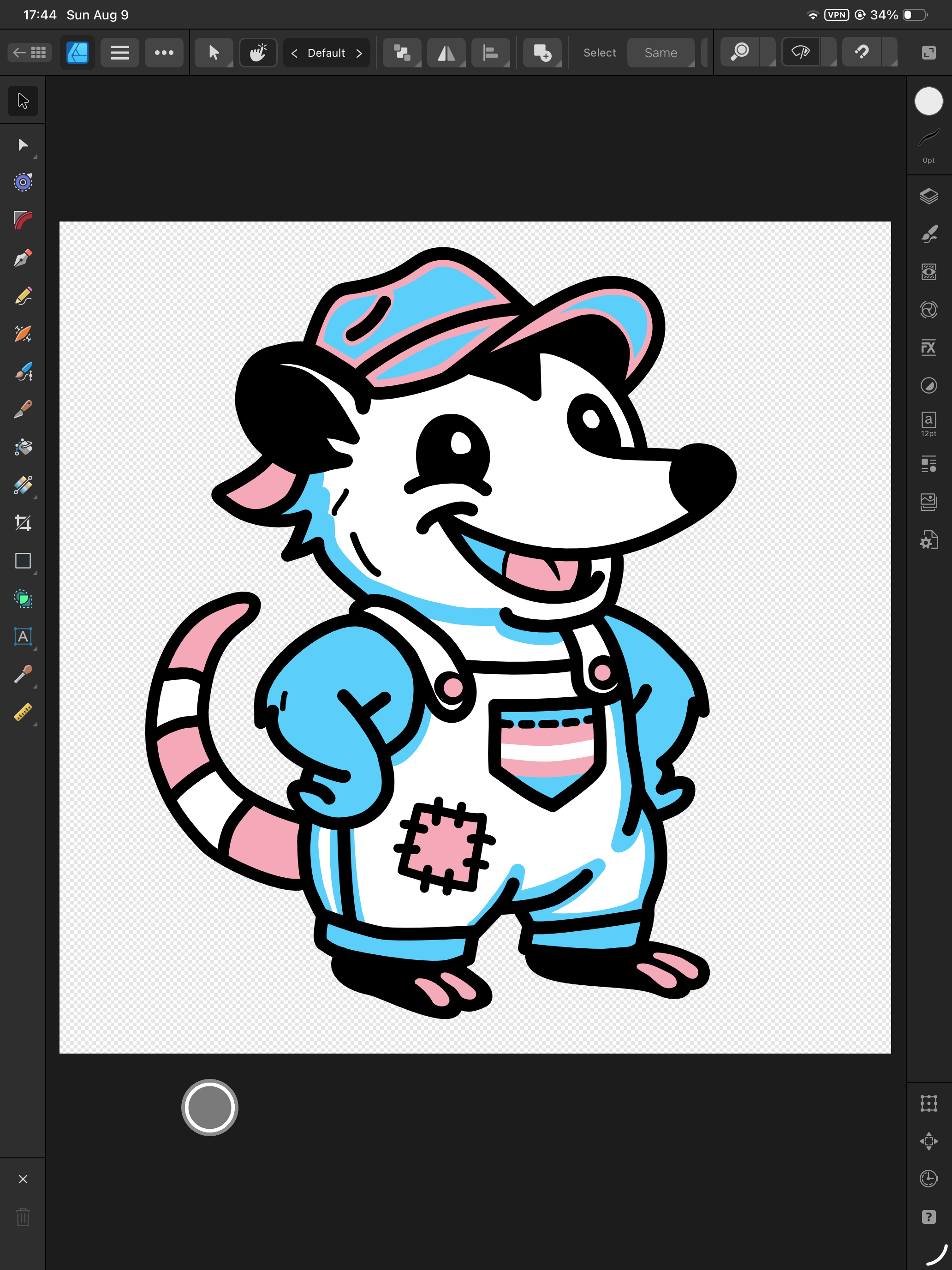 Transgender Opossum in overalls design featured on Affinity Designer II