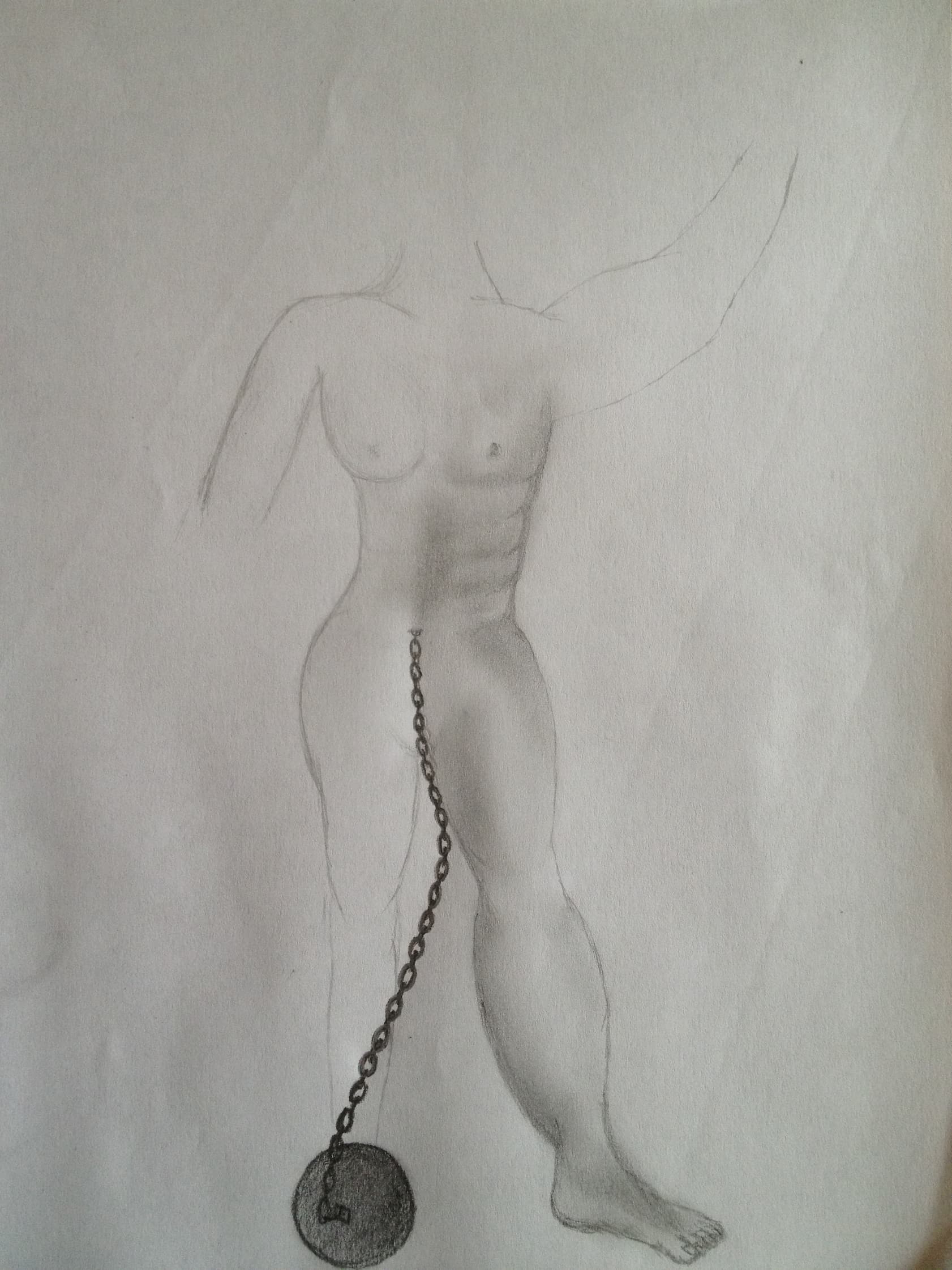 2013 pencil drawing of half-man, half-woman body with no face or hands, with a prison ball and chain attached at the belly button 2013 pencil drawing of half-man, half-woman body with no face or hands, with a prison ball and chain attached at the belly button