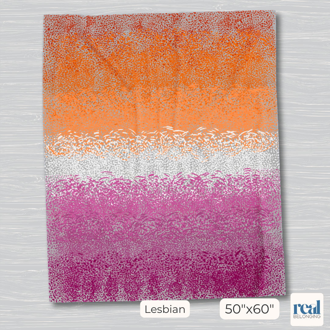 Hand-drawn lesbian pride flag in small dot shapes, both still and in motion, printed across a solid light gray blanket. Bottom of the image says "Lesbian 50"x60". Hand-drawn lesbian pride flag in small dot shapes, both still and in motion, printed across a solid light gray blanket. Bottom of the image says "Lesbian 50"x60".