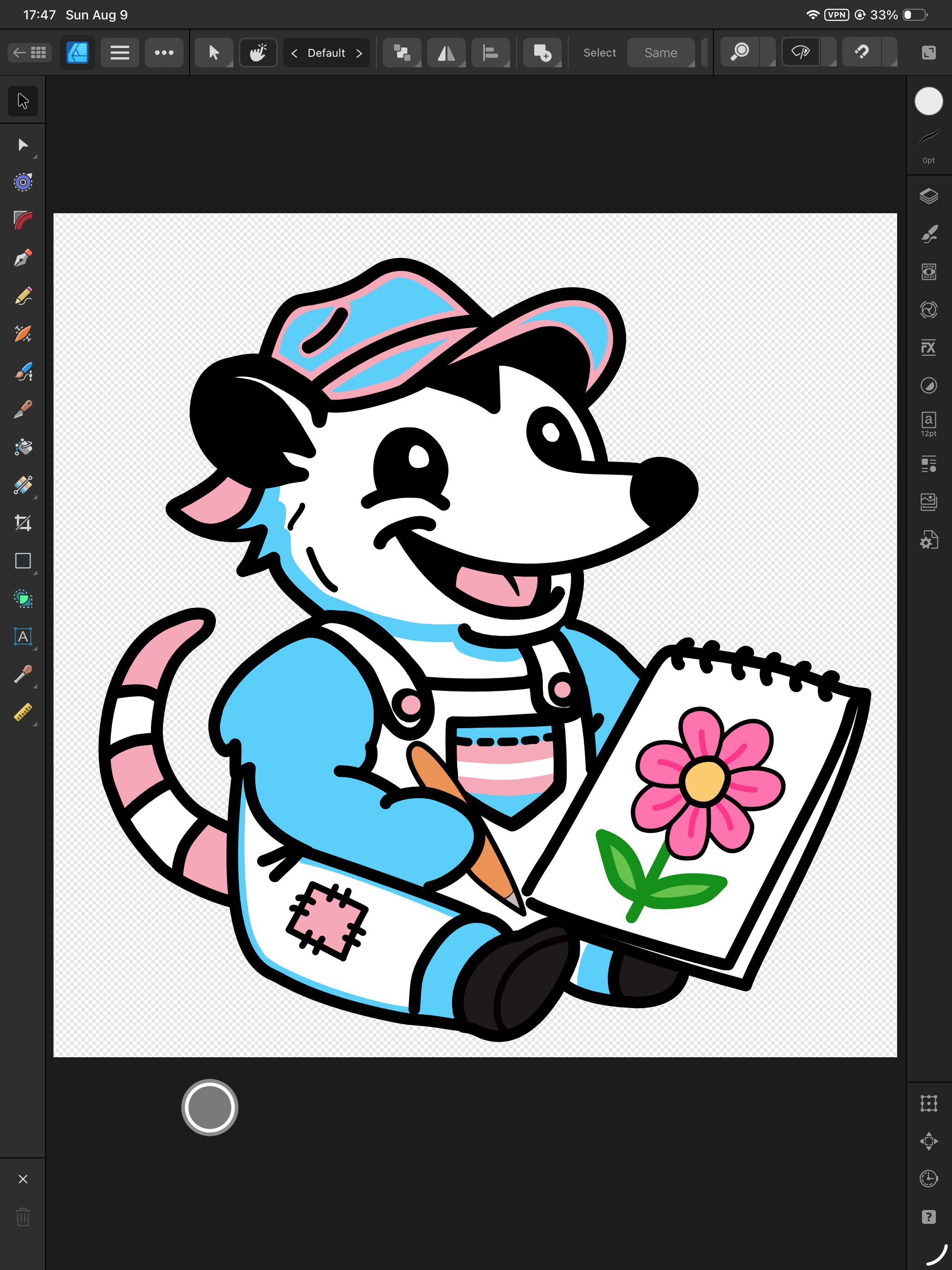 Transgender opossum character drawing a flower on a sketch pad