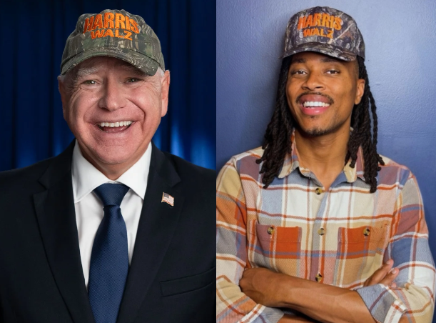 Tim Walz & Malcolm Kenyatta wearing Harris Walz hats