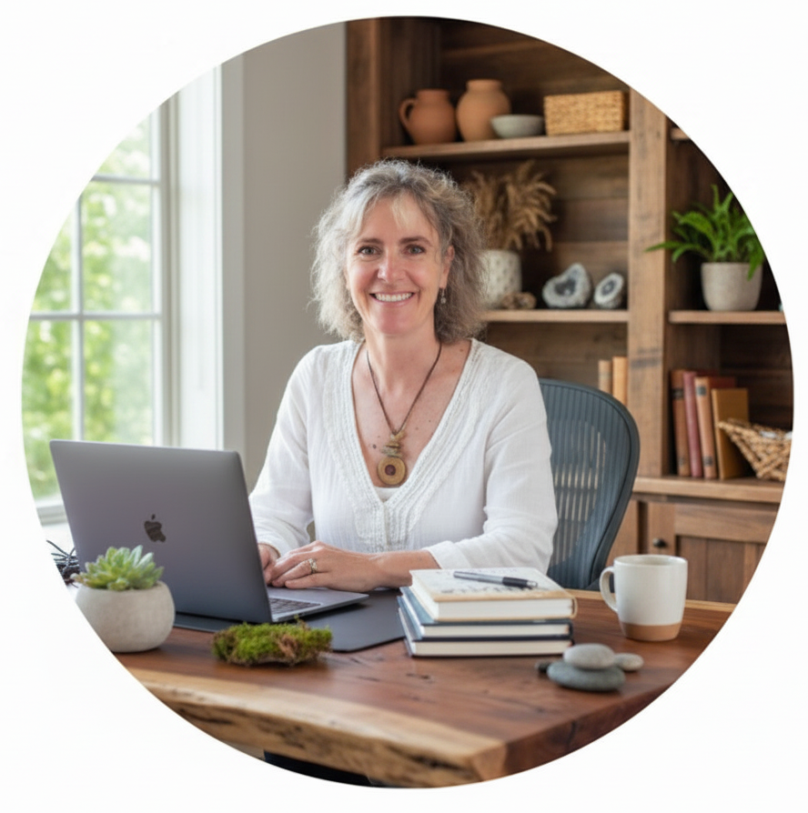 Woman smiles at laptop on a wooden desk with books and a mug.