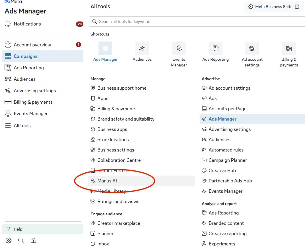 Manus AI appears in Meta Ads Manager under All tools