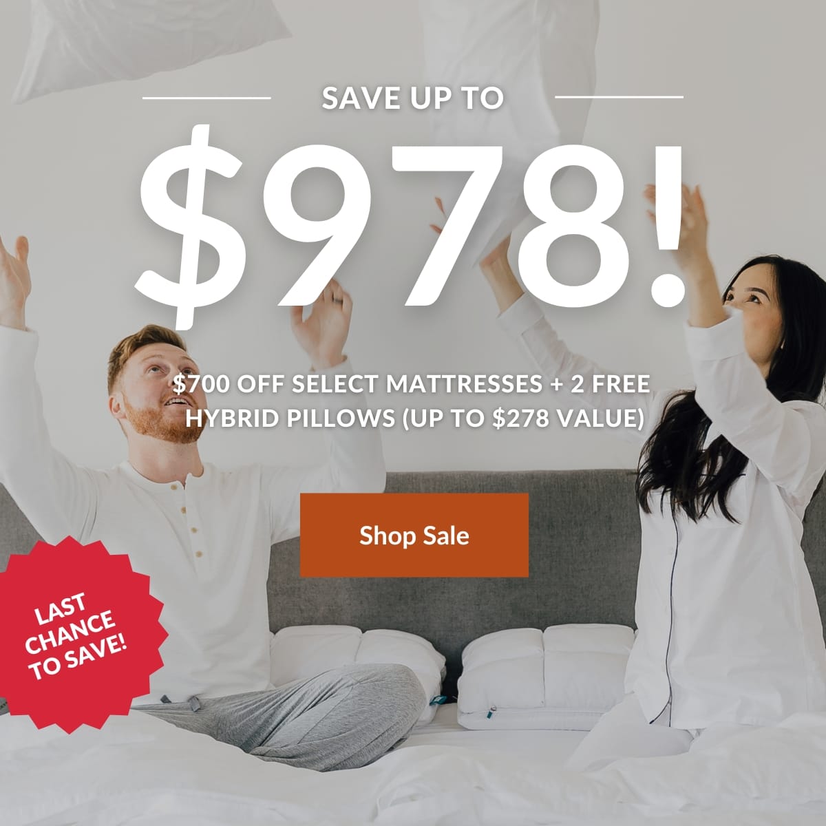 Save up to $978: Up to $700 off mattresses + 2 FREE Hybrid Pillows (Up to $278 value)