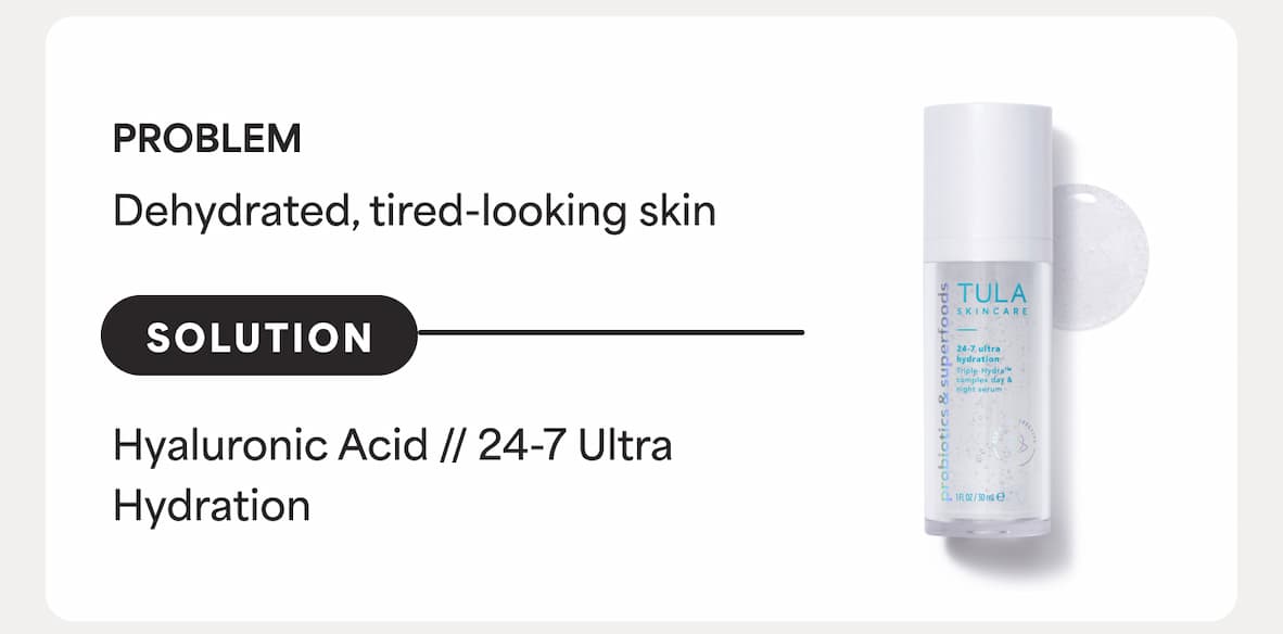 PROBLEM: Dehydrated, tired-looking skin. SOLUTION:  Hyaluronic Acid // 24-7 Ultra Hydration