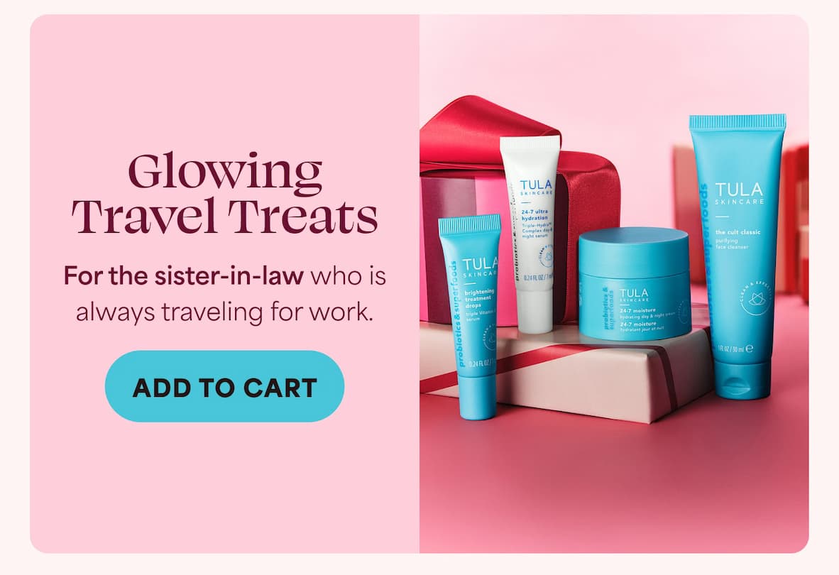 Glowing Travel Treats - Features travel-size cleanser, moisturizer, & deluxe serums  For the sister-in-law who is always traveling for work. -- ADD TO CART