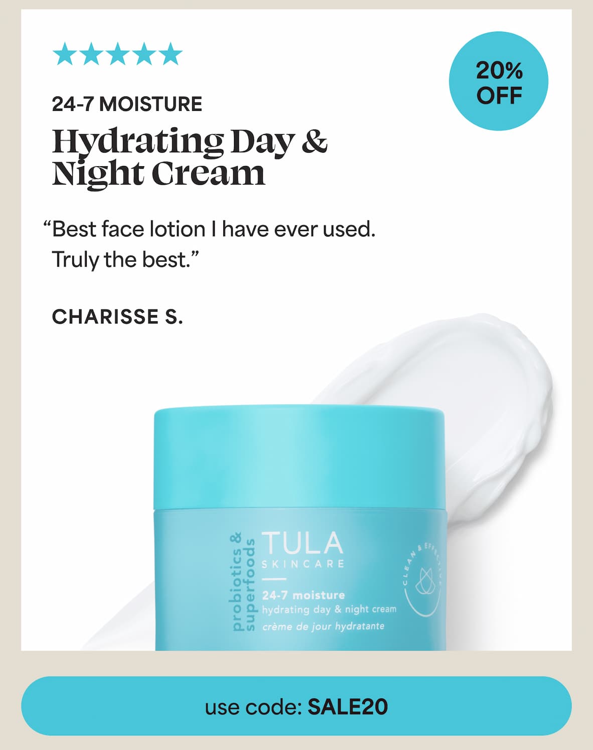 ⭐⭐⭐⭐⭐ 24-7 Moisture 25% off "Best face lotion I have ever used. Truly the best.” - Charisse S. 