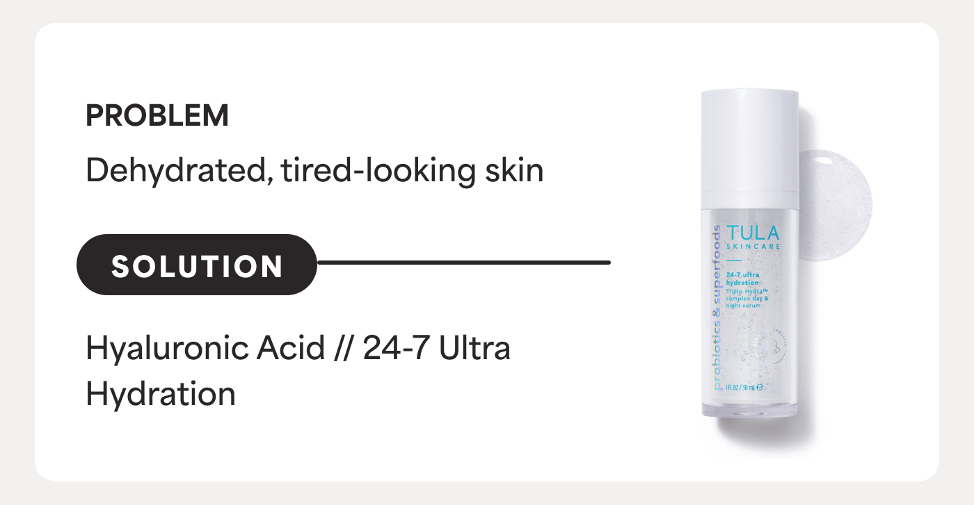 PROBLEM Dehydrated, tired-looking skin SOLUTION Hyaluronic Acid // 24-7 Ultra Hydration
