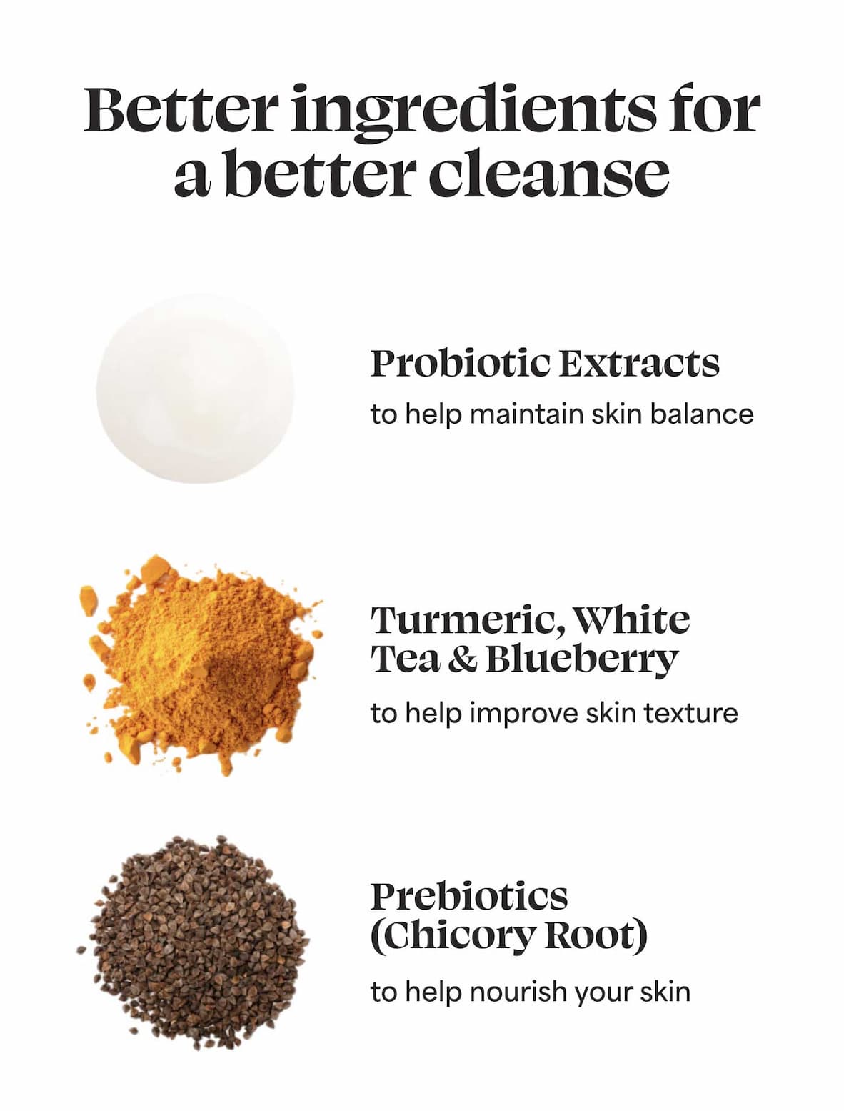 Better ingredients for a better cleanse  ⚈ Probiotic Extracts to help maintain skin balance ⚈ Turmeric, White Tea & Blueberry to help improve skin texture ⚈ Prebiotics (Chicory Root) to help nourish your skin