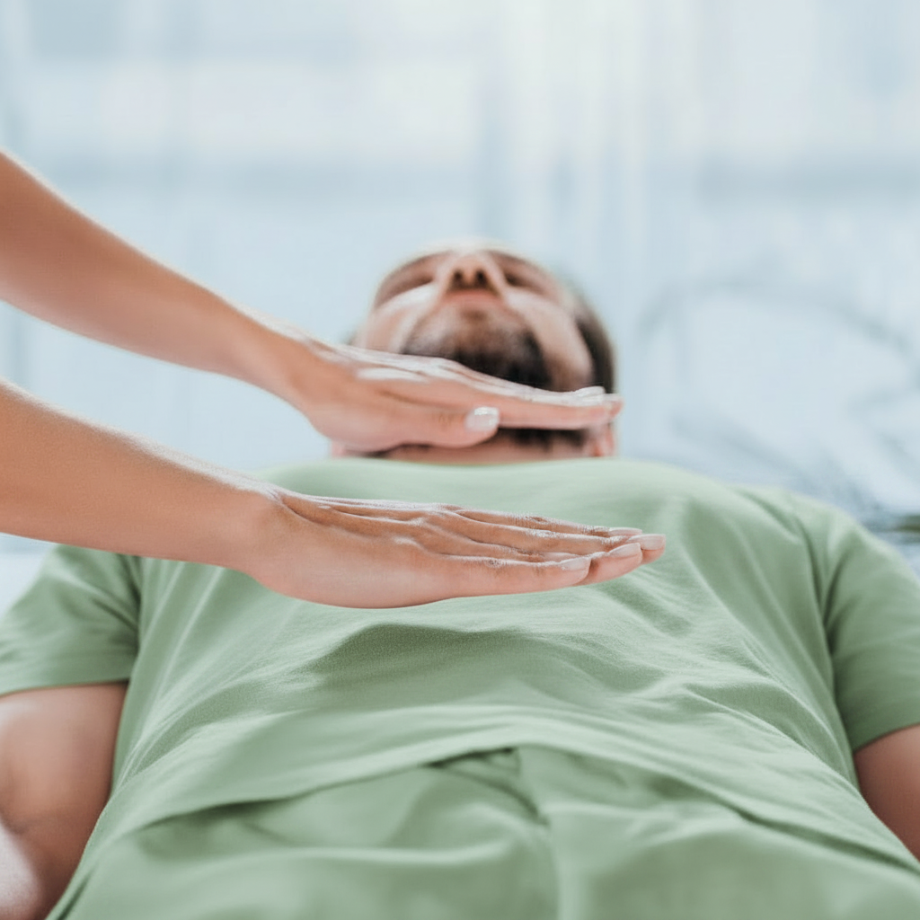 Hands performing reiki healing on a man lying down.