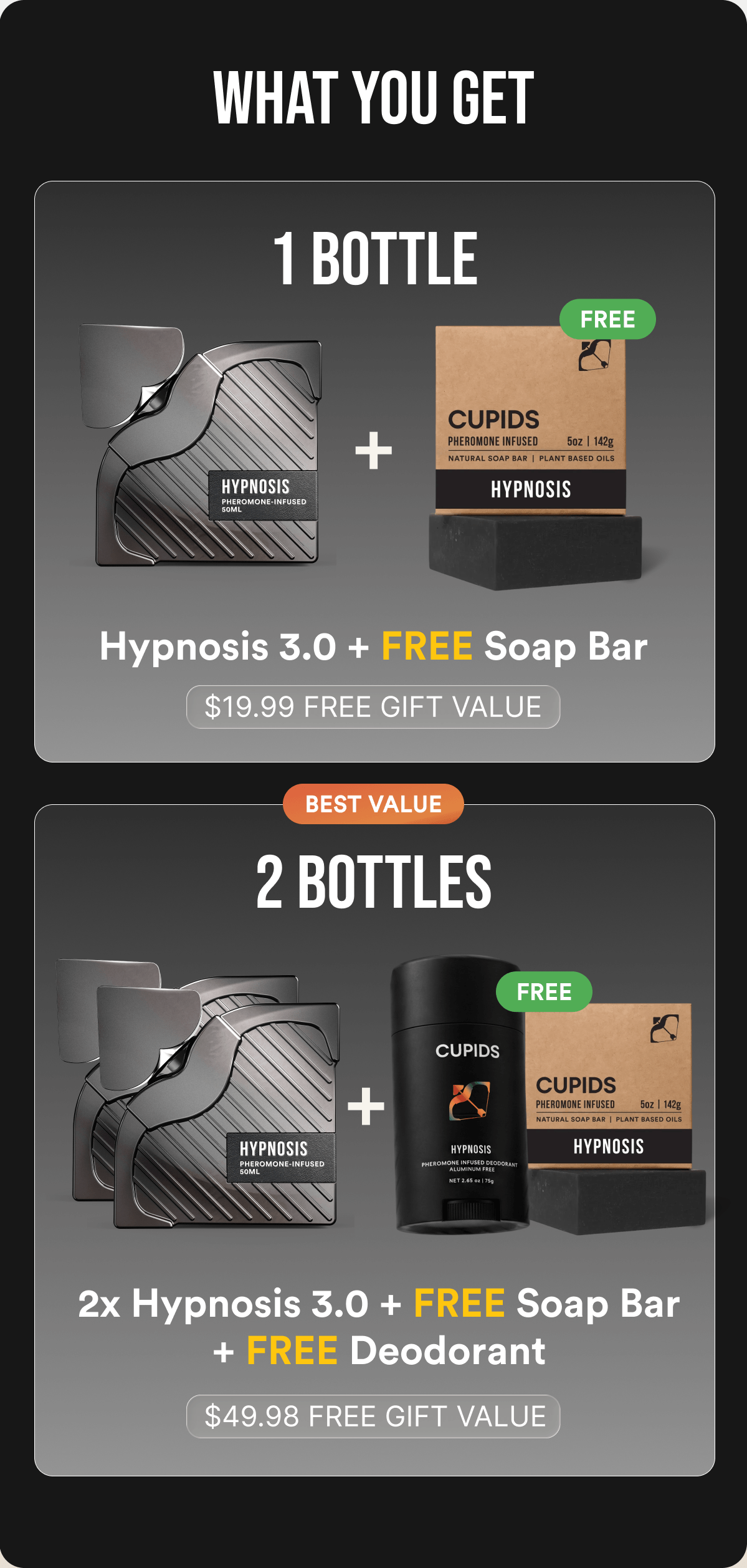 1 BOTTLE Hypnosis 3.0 + Free Soap Bar $19.99 value added free; 2 BOTTLES - BEST VALUE Hypnosis 3.0 x2 + Free Soap Bar + Free Deodorant $49.98 in free products added automatically