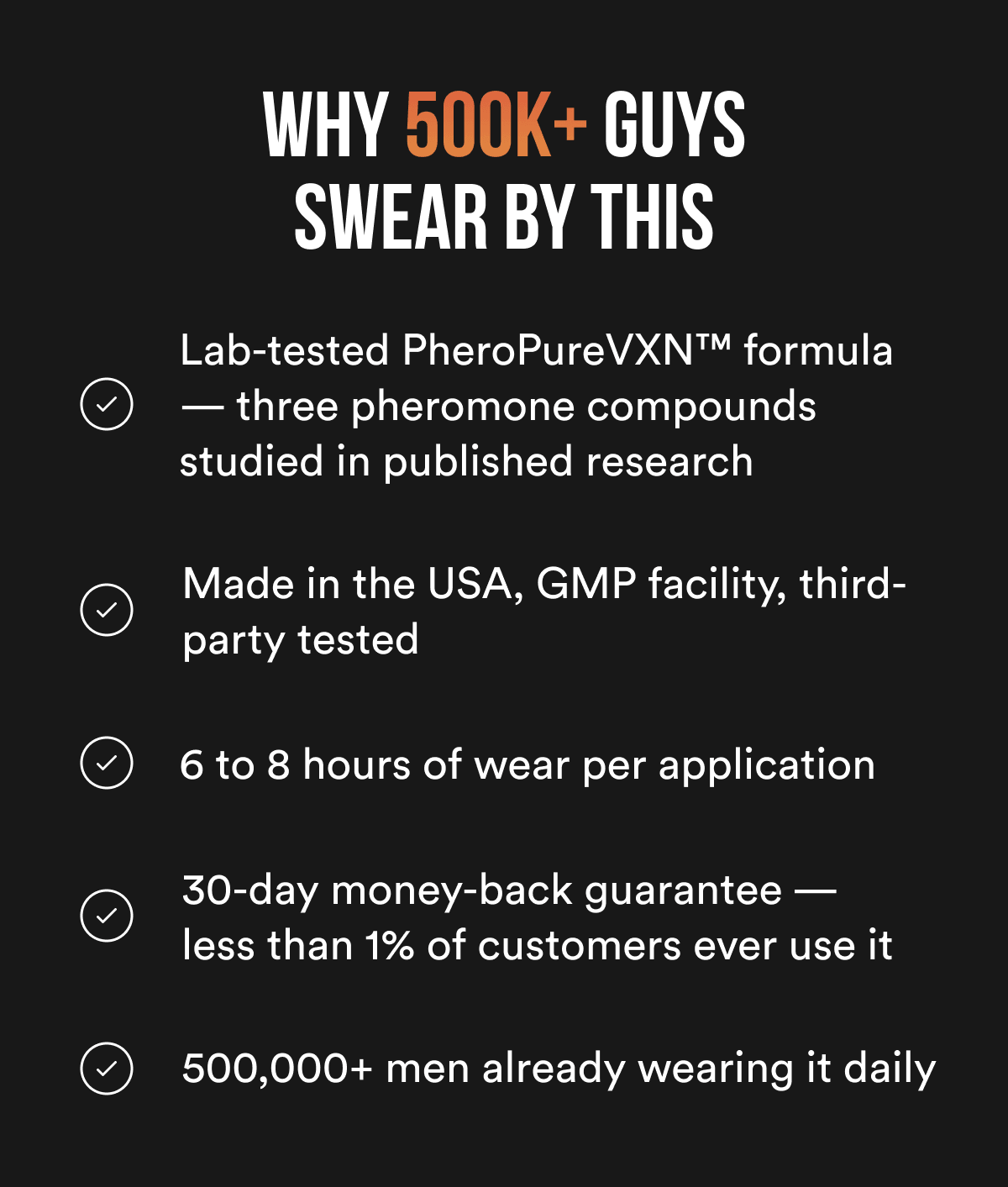 WHY 500K GUYS SWEAR BY THIS - Lab-tested PheroPureVXN™ formula — three pheromone compounds studied in published research Made in the USA, GMP facility, third-party tested 6 to 8 hours of wear per application 30-day money-back guarantee — less than 1% of customers ever use it 500,000+ men already wearing it daily