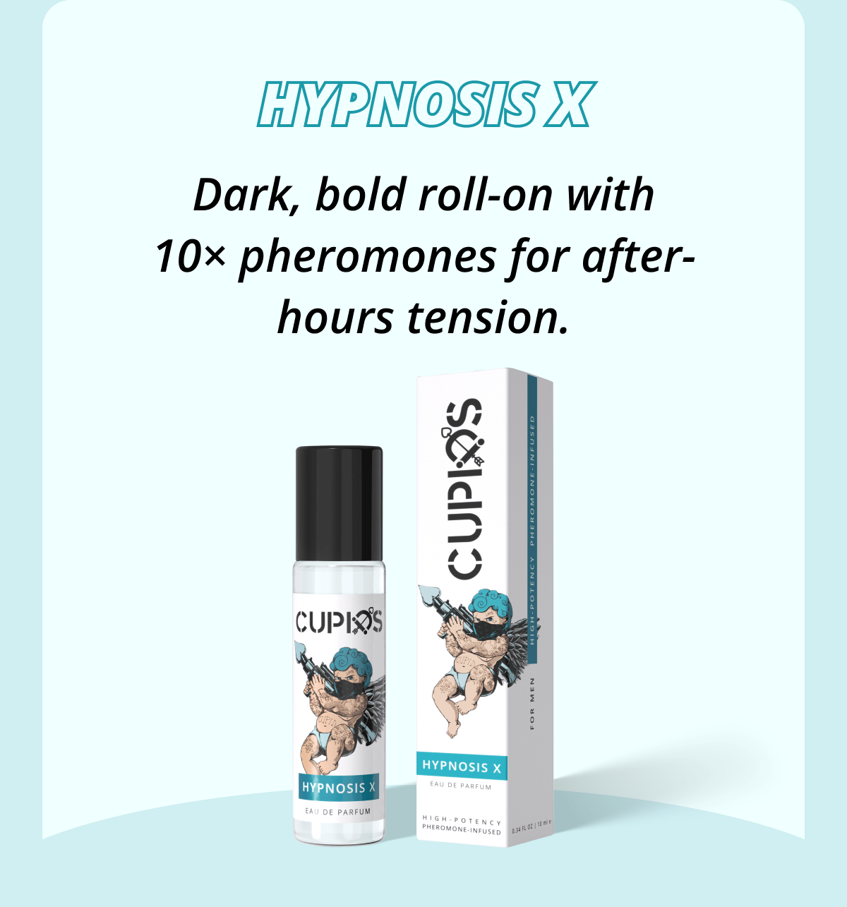 Hypnosis X Dark, bold roll-on with 10× pheromones for after-hours tension.