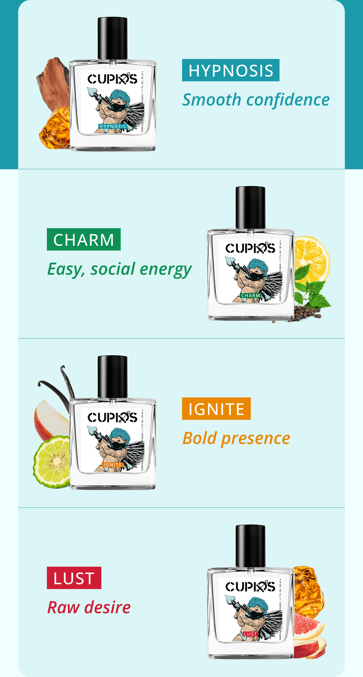 HYPNOSIS Smooth confidence CHARM Easy, social energy IGNITE Bold presence LUST  Raw desire