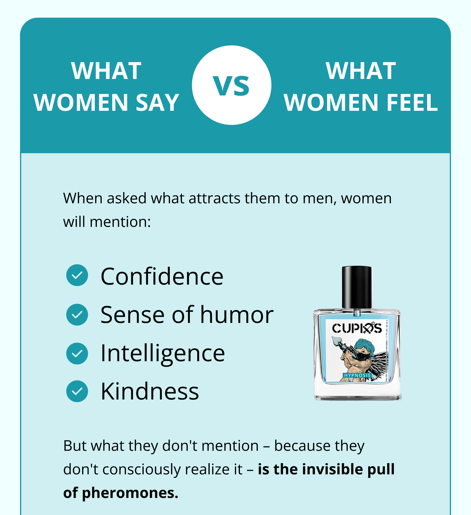 WHAT WOMEN SAY vs WHAT WOMEN FEEL When asked what attracts them to men, women will mention: Confidence Sense of humor Intelligence Kindness But what they don't mention – because they don't consciously realize it – is the invisible pull of pheromones.