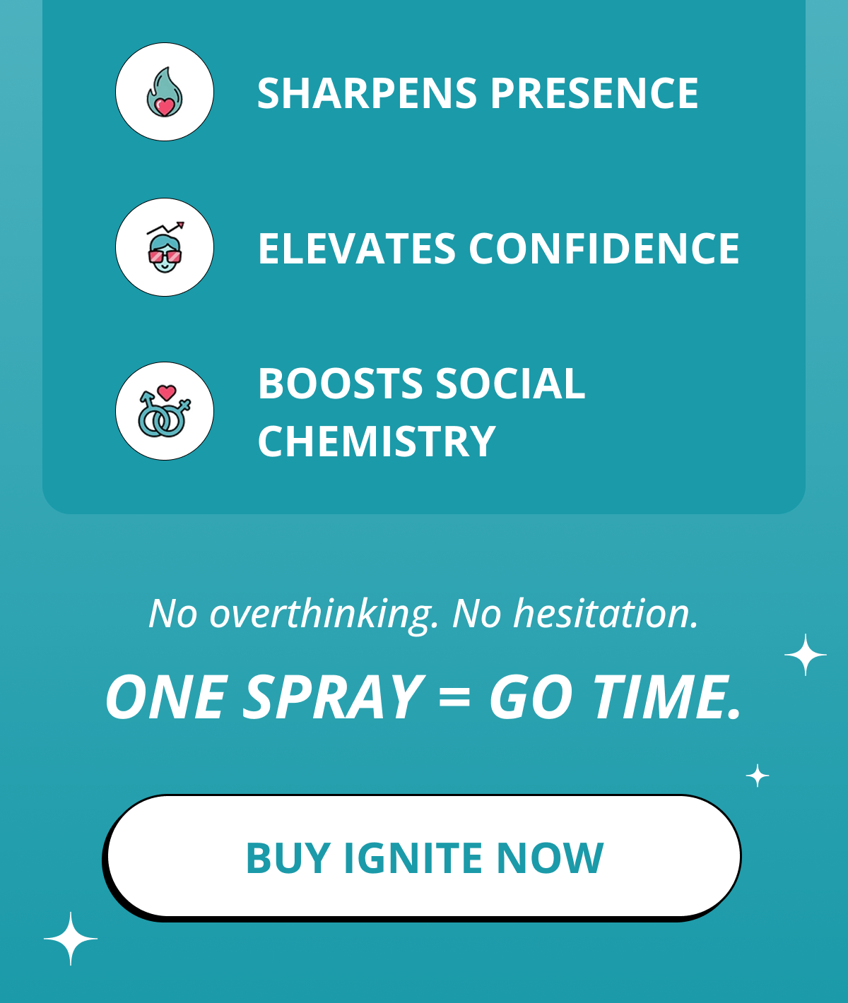 Sharpens presence Elevates confidence Boosts social chemistry No overthinking. No hesitation. One spray = go time. Buy Ignite Now