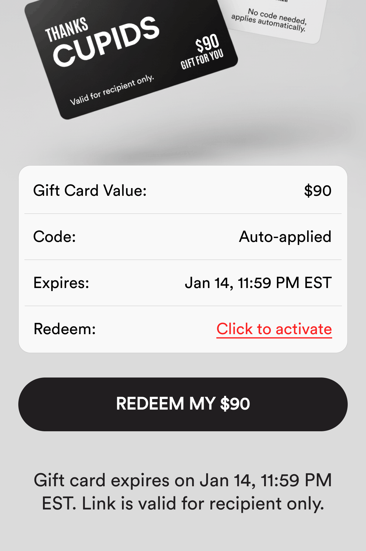 Gift card expires on Jan 14, 11:59 PM EST. Link is valid for recipient only.