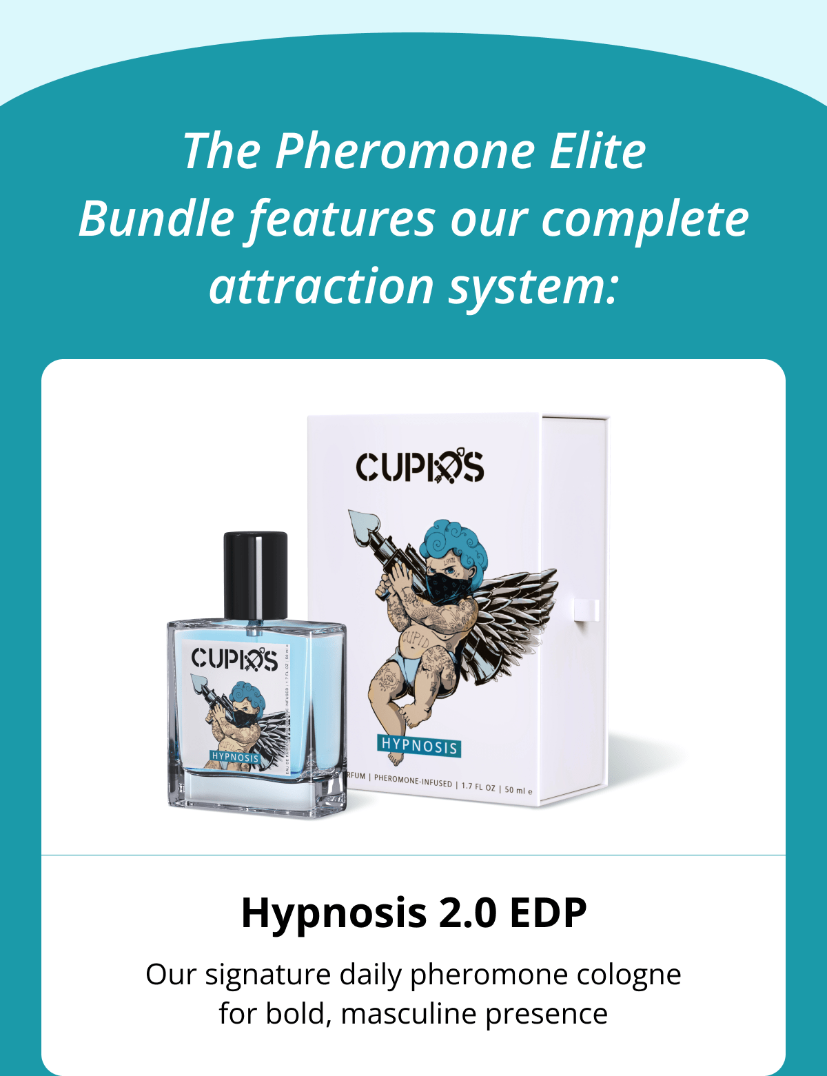 The Pheromone Elite Bundle features our complete attraction system: Hypnosis 2.0 EDP Our signature daily pheromone cologne for bold, masculine presence