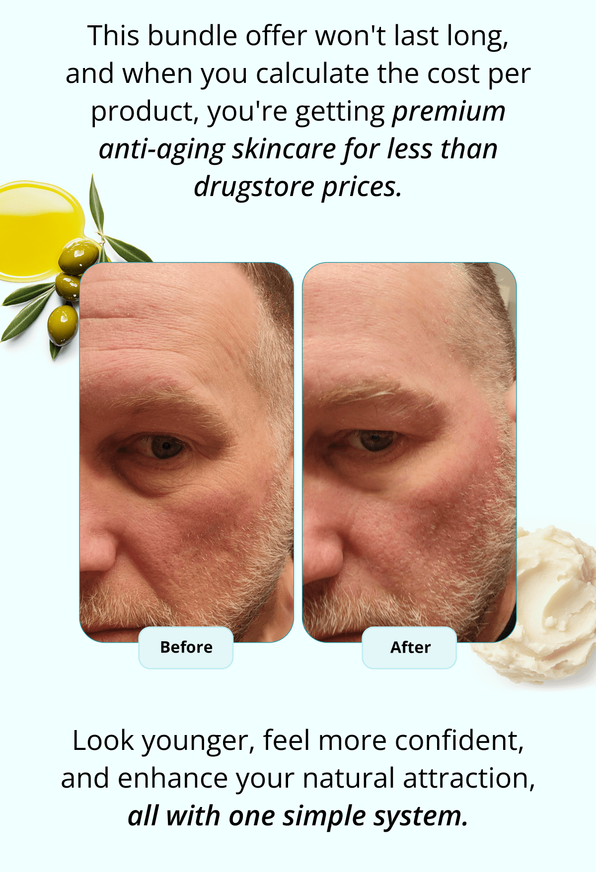 This bundle offer won't last long, and when you calculate the cost per product, you're getting premium anti-aging skincare for less than drugstore prices. Look younger, feel more confident, and enhance your natural attraction, all with one simple system.