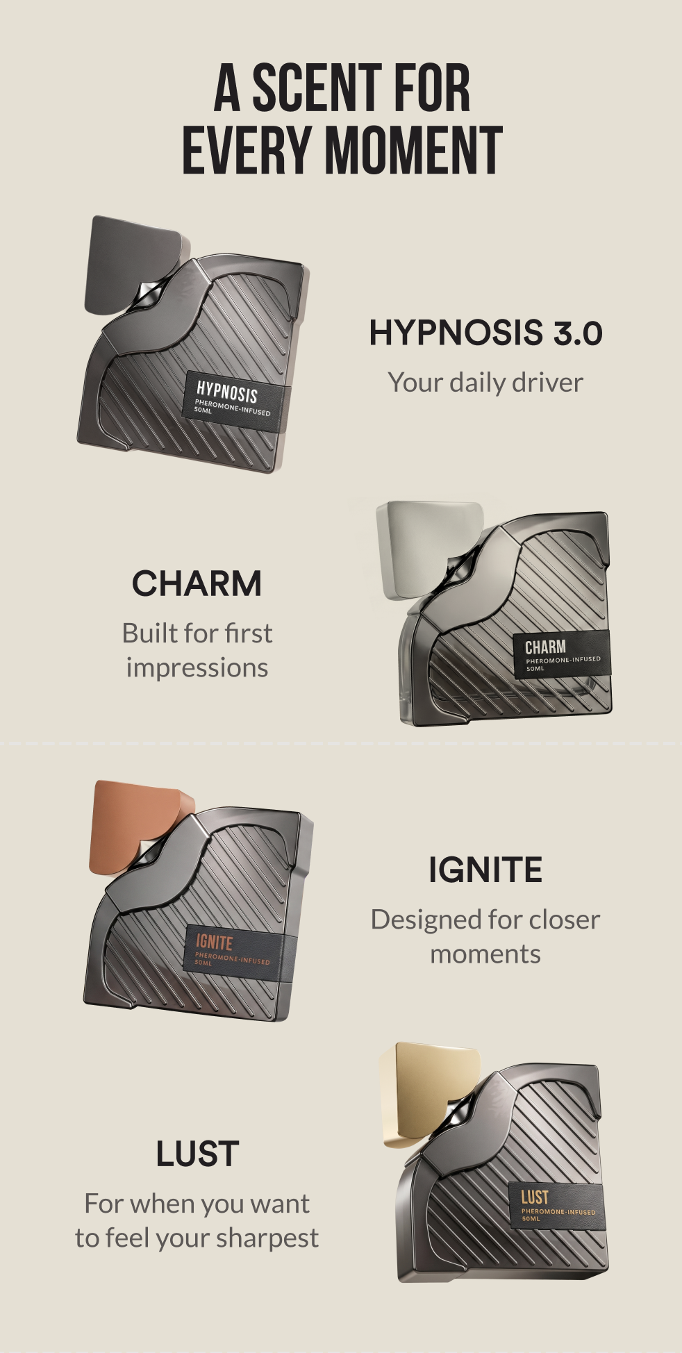 A SCENT FOR EVERY MOMENT - Hypnosis 3.0 — your daily driver Charm — built for first impressions Ignite — designed for closer moments Lust — for when you want to feel your sharpest