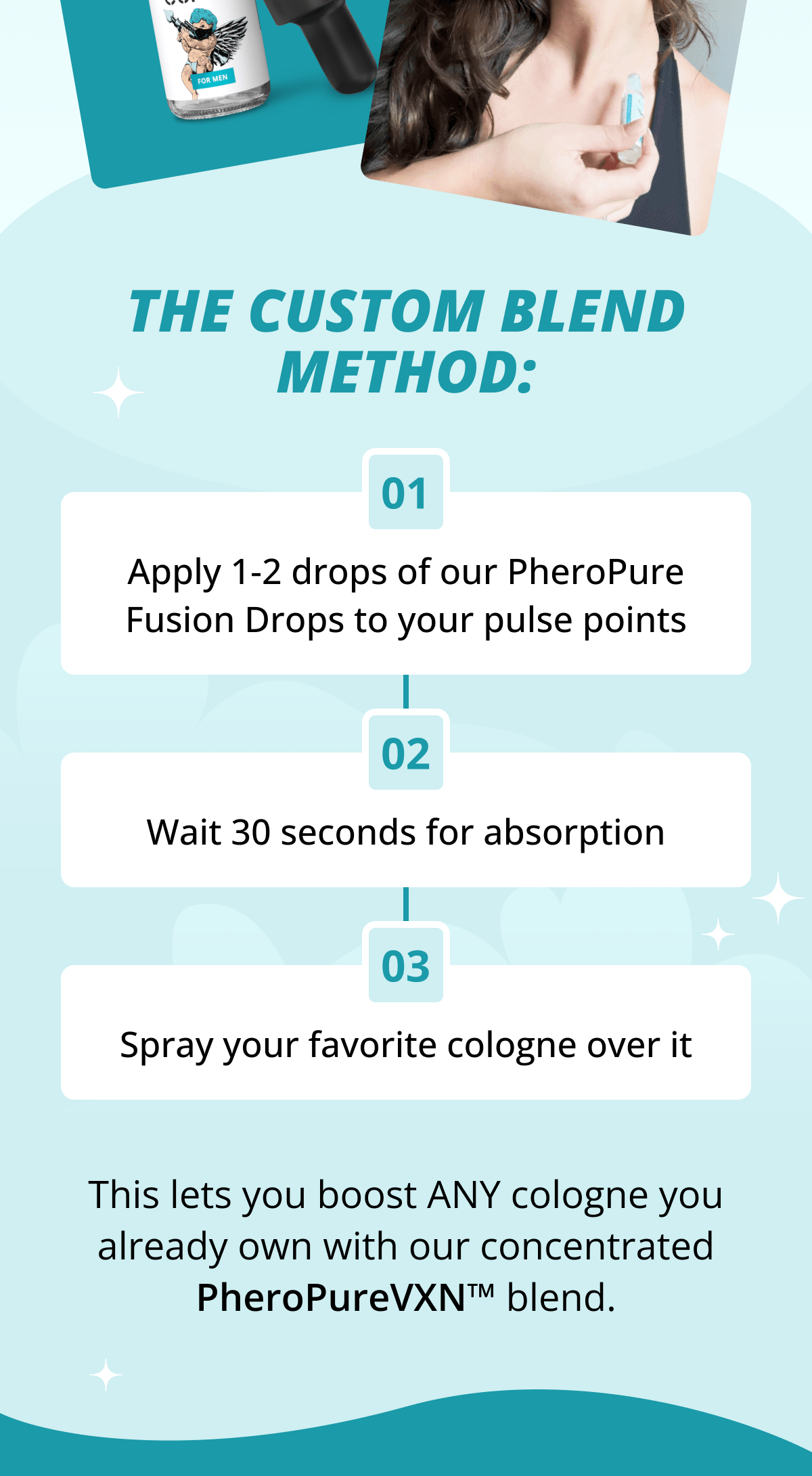 The Custom Blend Method: 01 Apply 1-2 drops of our PheroPure Fusion Drops to your pulse points 02 Wait 30 seconds for absorption 03 Spray your favorite cologne over it This lets you boost ANY cologne you already own with our concentrated PheroPureVXN™ blend.