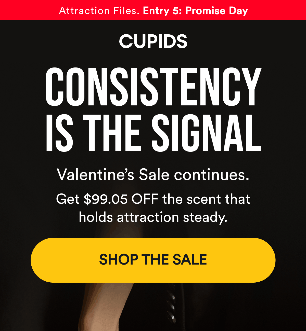 Attraction files. Entry 5: promise day. Consistency is the signal. Valentine's sale continues. Get $99.05 off the scent that holds attraction steady. Shop the sale.