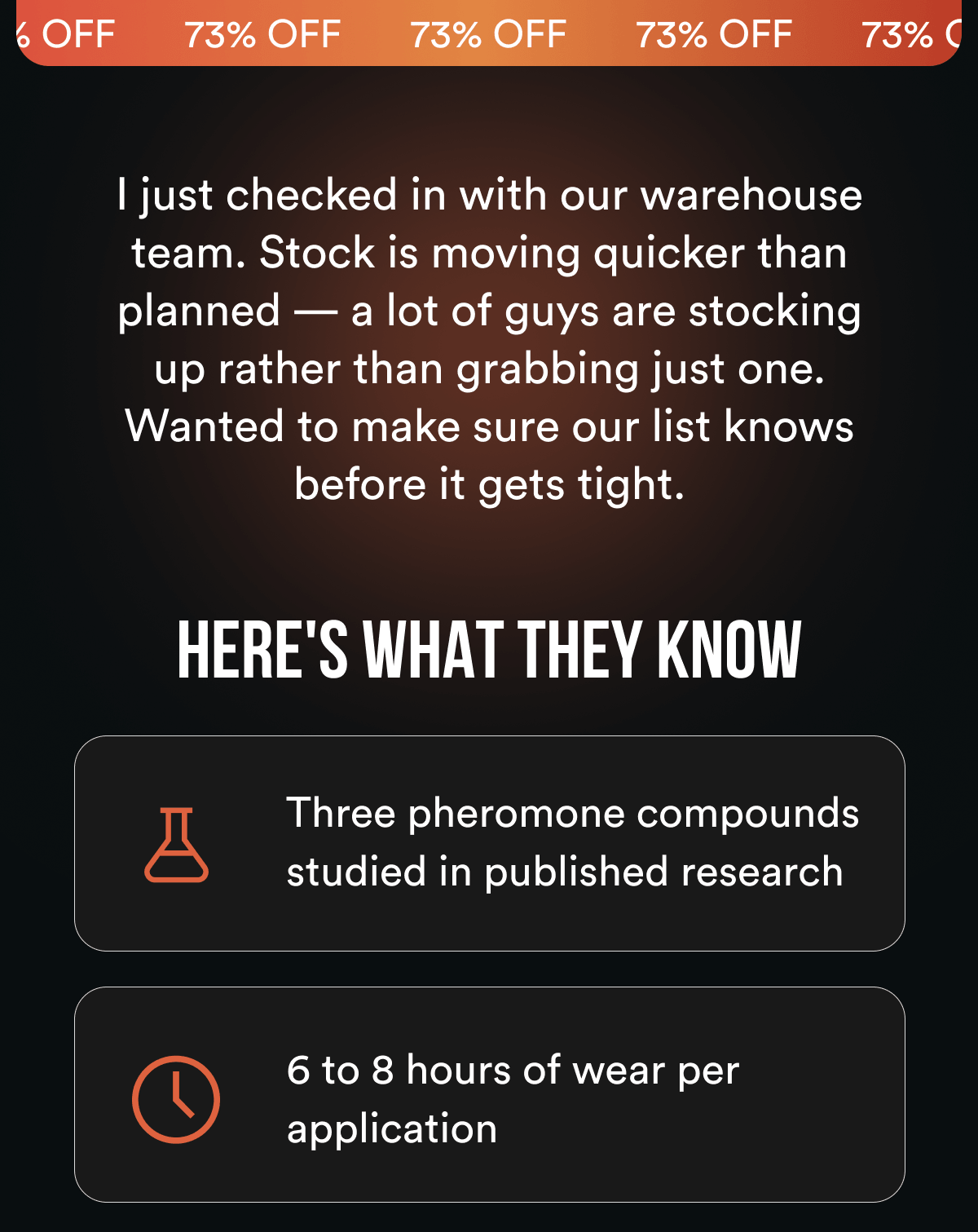 73% OFF - I just checked in with our warehouse team. Stock is moving quicker than planned — a lot of guys are stocking up rather than grabbing just one. Wanted to make sure our list knows before it gets tight.