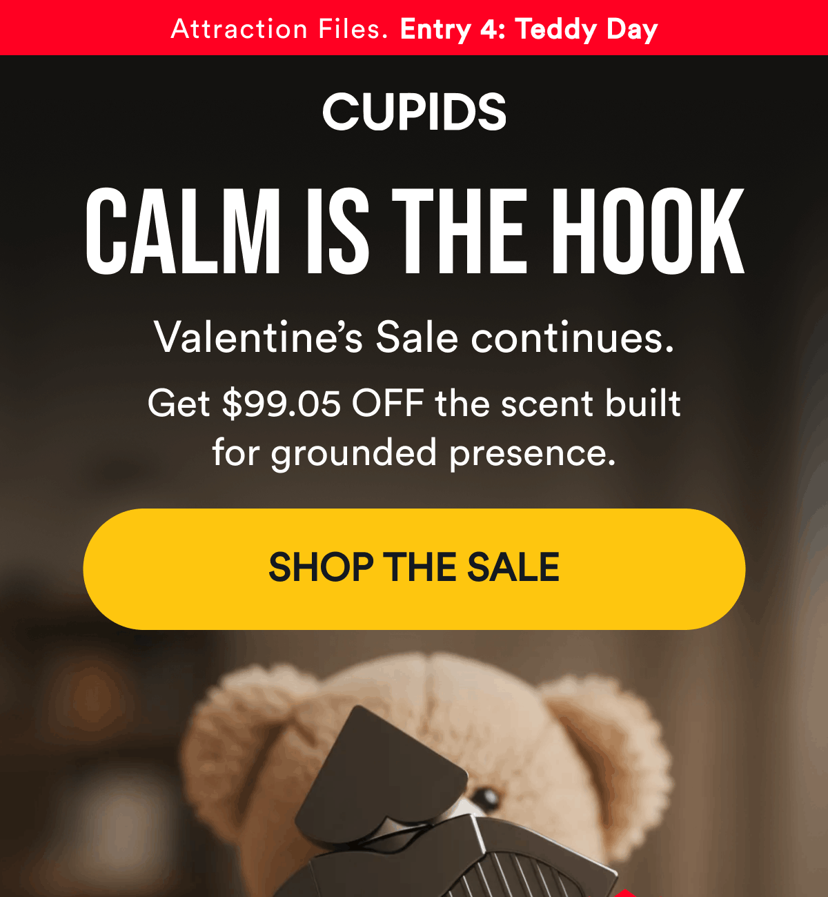 Attraction files. Entry 4: teddy day. Calm is the hook. Valentine's sale continues. Get $99.05 off the scent built for grounded presence. Shop the sale.