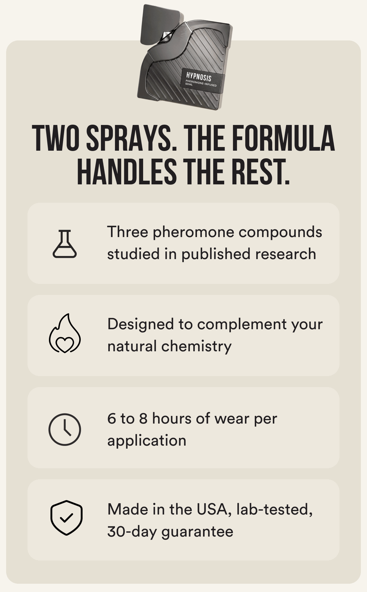 TWO SPRAYS. THE FORMULA HANDLES THE REST. Three pheromone compounds studied in published research Designed to sharpen how you come across before you say a word 6 to 8 hours of wear per application Made in the USA, lab-tested, 30-day guarantee