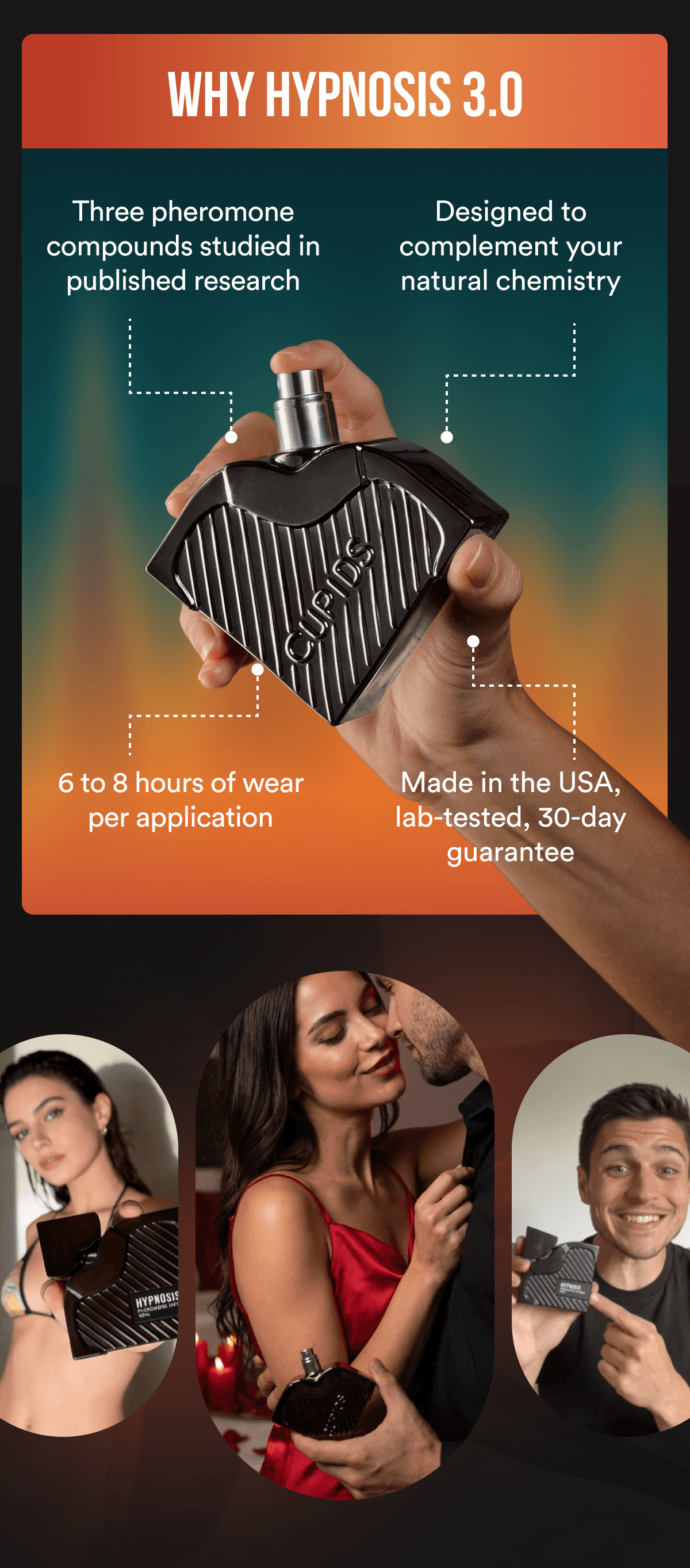 Why Hypnosis 3.0: Three pheromone compounds studied in published research Designed to complement your natural chemistry 6 to 8 hours of wear per application Made in the USA, lab-tested, 30-day guarantee