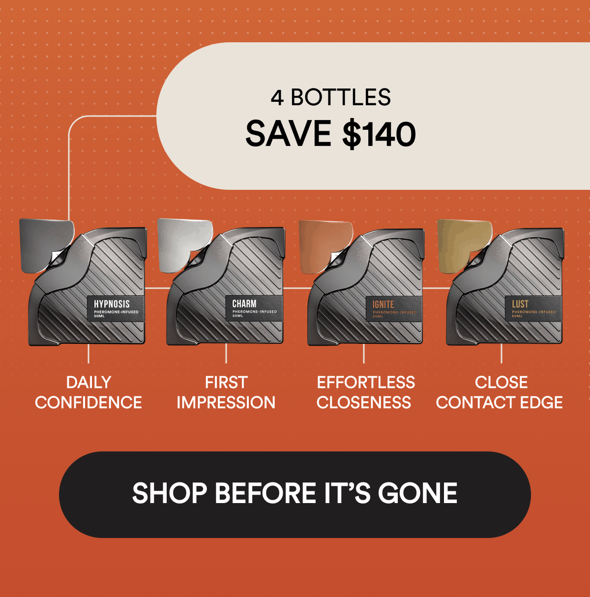 4 bottles save $140. Daily confidence. First impression. Effortless closeness. Close contact edge. Shop Before It’s Gone.