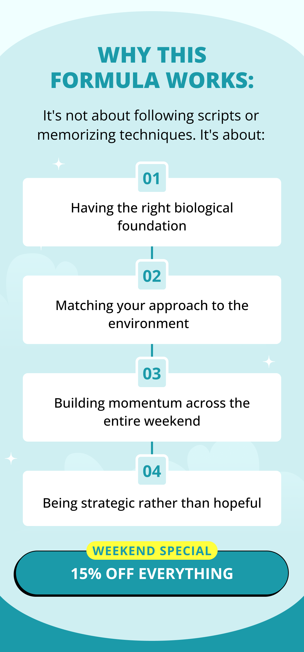 Why This Formula Works: It's not about following scripts or memorizing techniques. It's about: 01 Having the right biological foundation 02 Matching your approach to the environment&nbsp;&nbsp; 03 Building momentum across the entire weekend 04 Being strategic rather than hopeful Weekend Special 15% OFF Everything