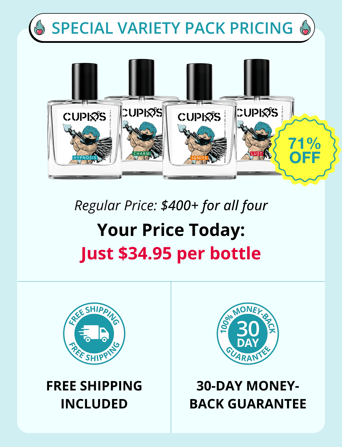 Special Variety Pack Pricing Regular Price: $400+ for all four Your Price Today: Just $34.95 per bottle Free shipping included 30-day money-back guarantee