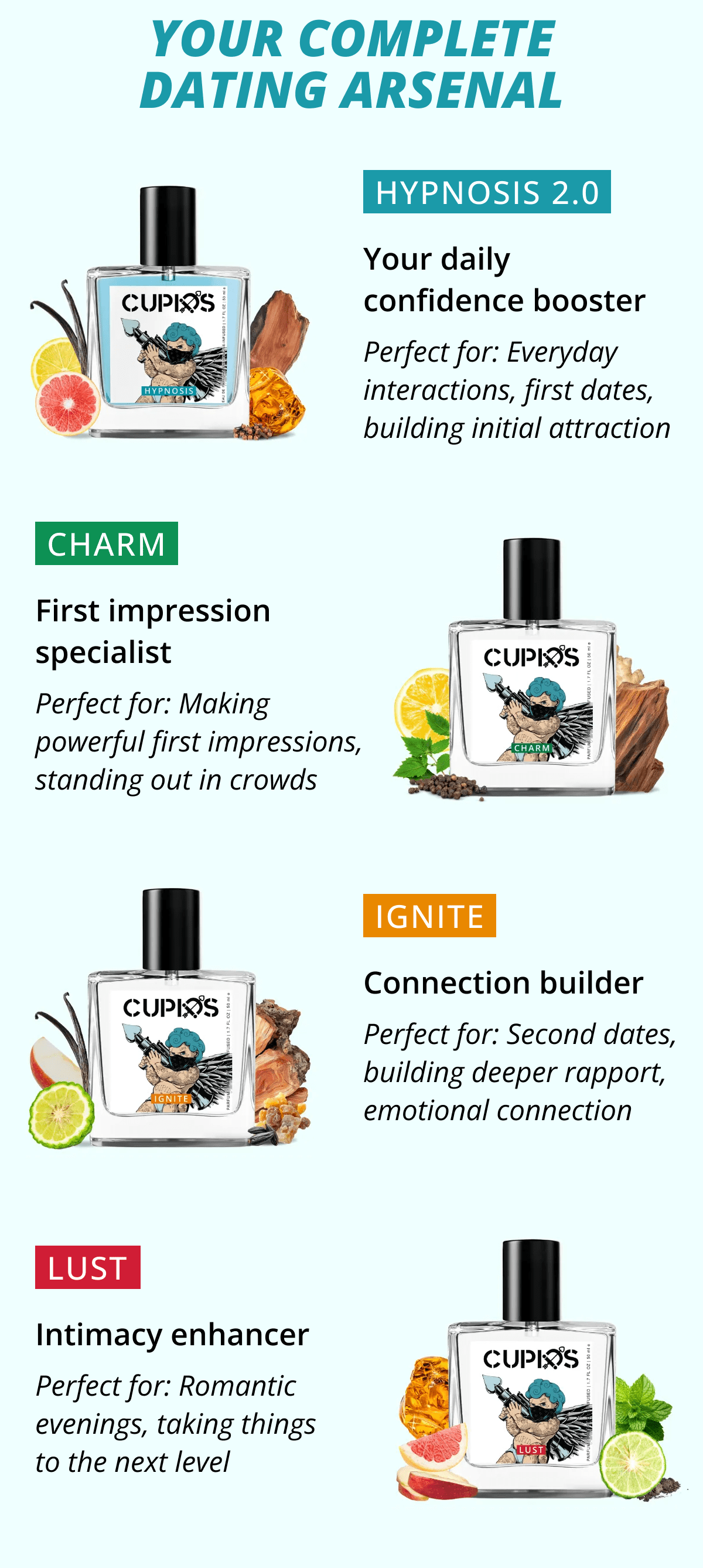 Your Complete Dating Arsenal HYPNOSIS 2.0 Your daily confidence booster Perfect for: Everyday interactions, first dates, building initial attraction CHARM First impression specialist&nbsp;&nbsp; Perfect for: Making powerful first impressions, standing out in crowds IGNITE Connection builder Perfect for: Second dates, building deeper rapport, emotional connection LUST  Intimacy enhancer Perfect for: Romantic evenings, taking things to the next level