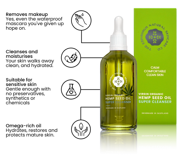 IMAGE: We list the Hemp Seed Oil's superpowers. It is: Removes makeup Yes, even the waterproof mascara you've given up hope on. Cleanses and moisturises Your skin walks away clean, and hydrated. Suitable for sensitive skin Gentle enough with no preservatives, synthetics or chemicals Omega-rich oil Hydrates, restores and protects mature skin.