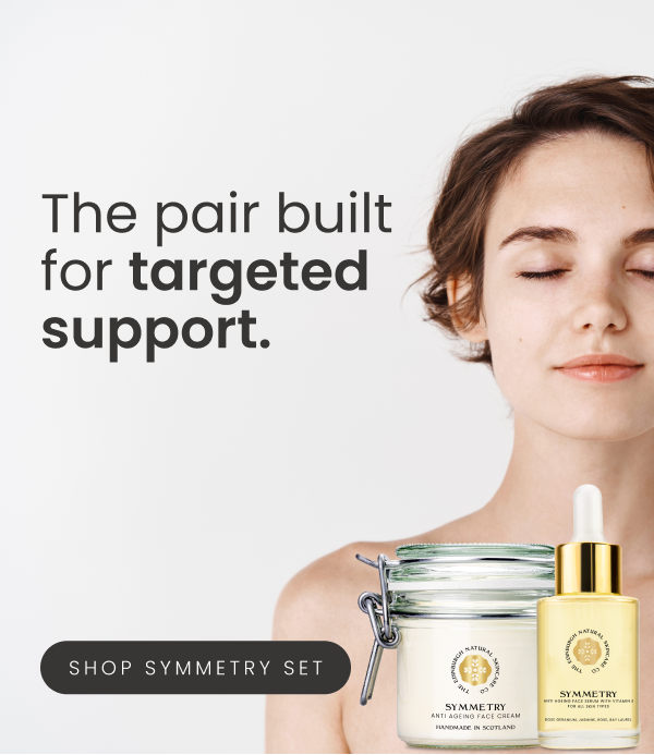 IMAGE: Women with very beautiful, smooth skin. Product image of our Summerty Face cream and Serum. Then, the copy: The pair built for targeted support. If you click this image, you'll be able to shop our Symmetry Face Serum and Cream which works better together. 