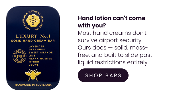 IMAGE: Hand lotion can't come with you? Most hand creams don't survive airport security. Ours does — solid, mess-free, and built to slide past liquid restrictions entirely. If you click this image, you can shop our hand cream bars