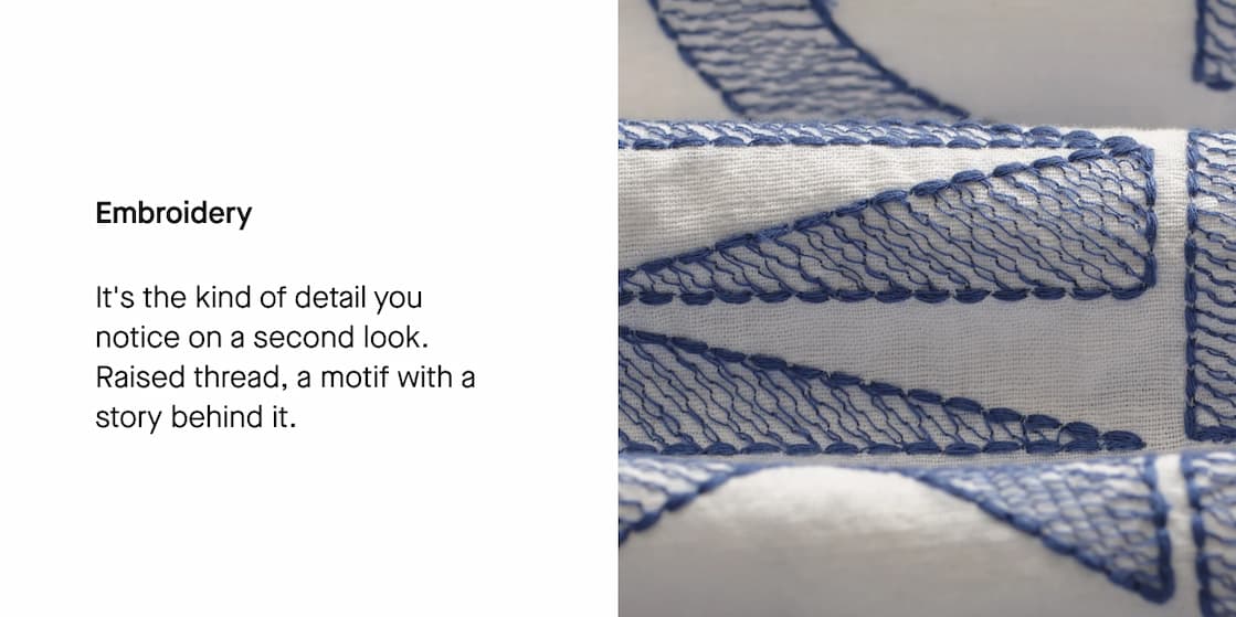 Embroidery - It's the kind of detail you notice on a second look. Raised thread, a motif with a story behind it.