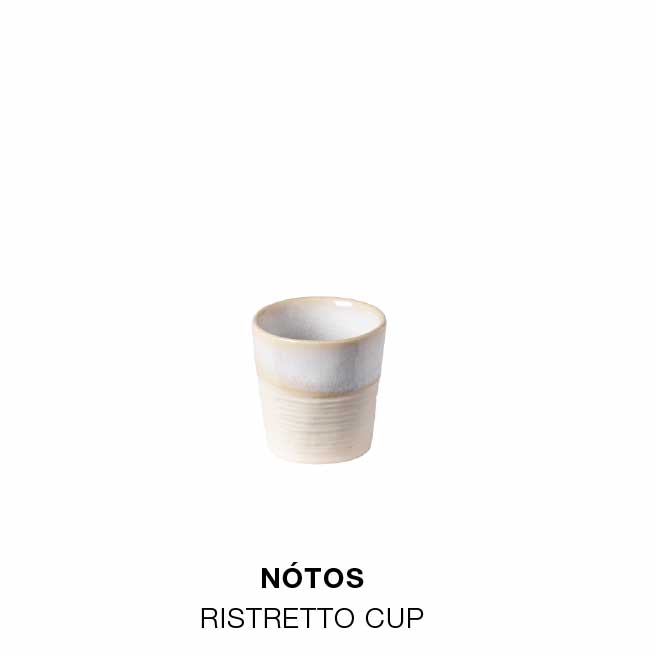 Product grid with Brisa coffee cup and saucer in beige, Vila mug in white and blue, Nótos ristretto cup in white and blue, Arenito espresso cup in seafoam green and terracotta, Beja coffee cup and saucer in white with blue rim, and Pacifica mug in beige
