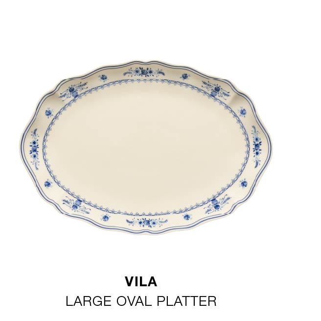 Shop the Look. Product grid: Vila Dinner Plate, Vila Salad Plate, Vila Appetizer Plate, Vila Large Oval Platter, Lumi Flatware and Maria Napkin