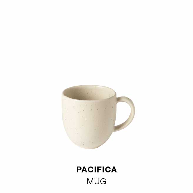Product grid with Brisa coffee cup and saucer in beige, Vila mug in white and blue, Nótos ristretto cup in white and blue, Arenito espresso cup in seafoam green and terracotta, Beja coffee cup and saucer in white with blue rim, and Pacifica mug in beige
