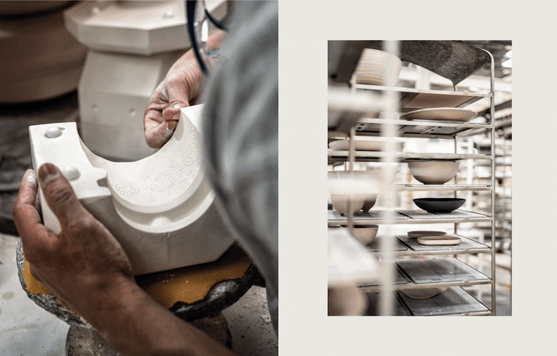 Split image showing a craftsman shaping a decorative mould with detailed relief pattern on the left, and hands assembling a plaster mould with wooden clamps on the right