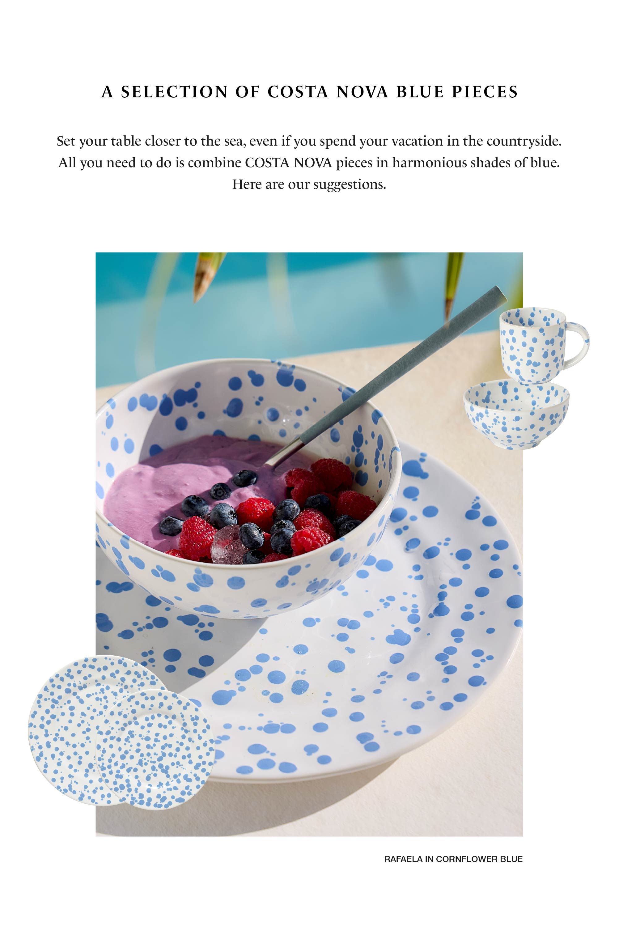 Text A selection of Costa Nova blue pieces about combining pieces in harmonious shades of blue for a coastal-inspired setting, followed by photograph of a bowl with berry yogurt and fresh berries on a deep plate, mug and bowl in blue and white speckled pattern beside it, by the pool, labeled Rafaela in Cornflower Blue