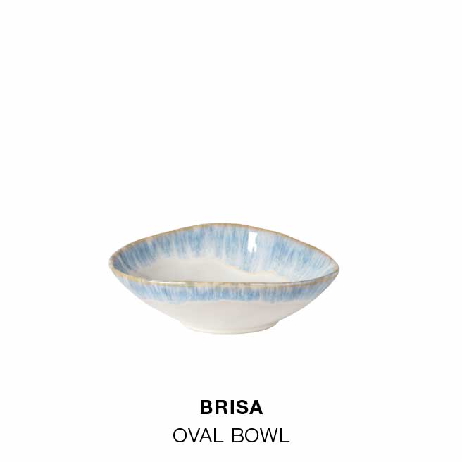 Porch table with Brisa dinnerware in ria blue, bowl and dish with coarse salt and herbs, oval platter with a sprig of lavender, and table set with plates, bowls and wine glasses on a blue tablecloth, with text For lunch on the porch, followed by dinner plate, oval platter and oval bowl in Brisa