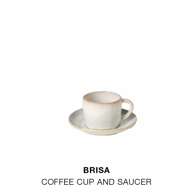 Product grid with Brisa coffee cup and saucer in beige, Vila mug in white and blue, Nótos ristretto cup in white and blue, Arenito espresso cup in seafoam green and terracotta, Beja coffee cup and saucer in white with blue rim, and Pacifica mug in beige