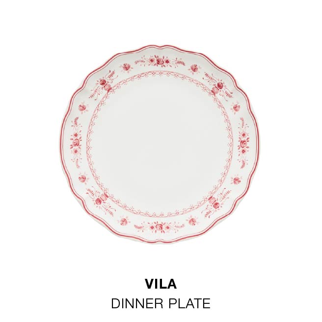 Shop the Look. Product grid: Vila Dinner Plate, Vila Salad Plate, Vila Appetizer Plate, Vila Large Oval Platter, Lumi Flatware and Maria Napkin