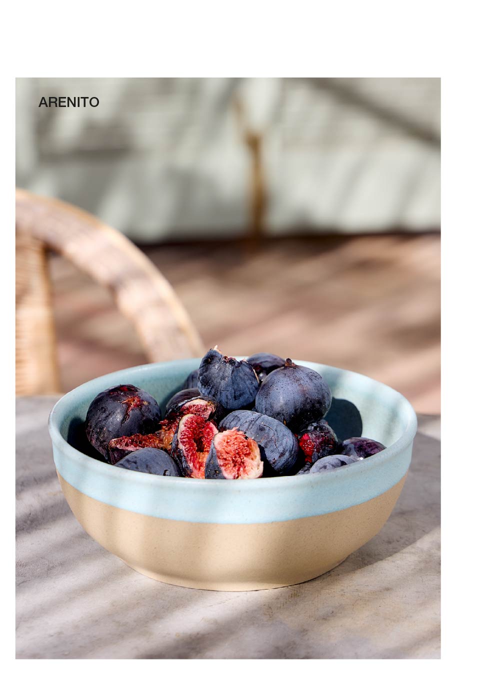 Block of four photographs, Grespresso tumblers with drinks in pink and green tones on a white wooden table with an Arenito plate, Arenito bowl in light blue and beige with fresh figs cut in half, Dori bowl in blue and white with a marbled effect, and Eivissa set with bowl, plates and oval platter in light blue and beige on a wooden table