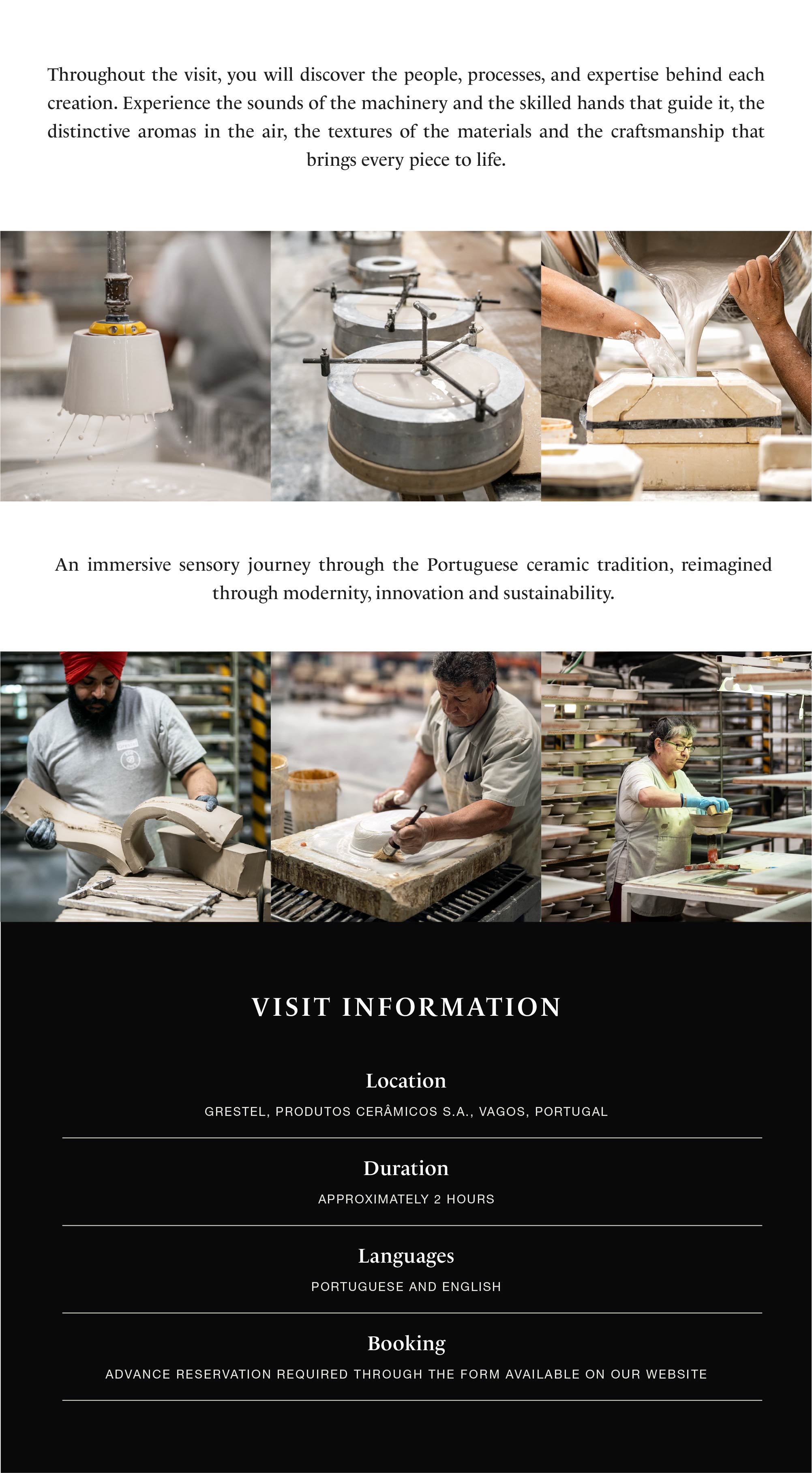 Text about discovering the people, processes and expertise behind each creation, followed by a block of photographs showing water running over a piece in shaping, an industrial mould, and hands pouring slip, with closing text about an immersive sensory journey through Portuguese ceramic tradition reimagined through modernity, innovation and sustainability