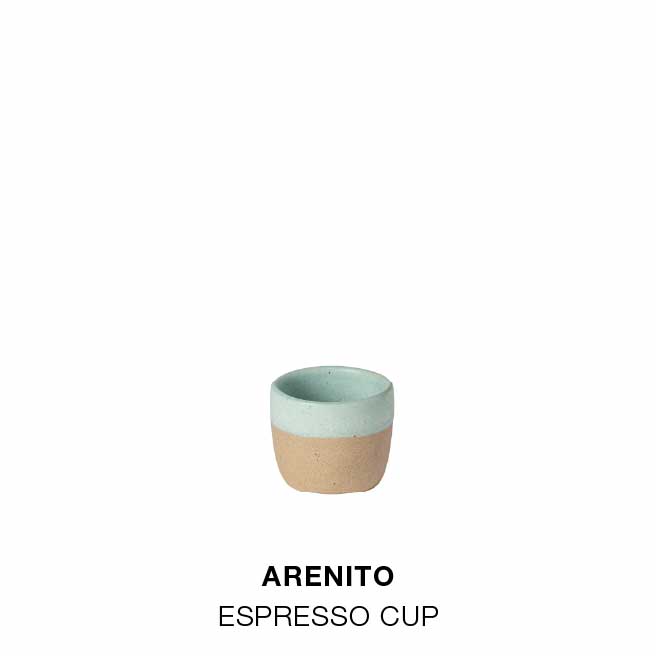 Product grid with Brisa coffee cup and saucer in beige, Vila mug in white and blue, Nótos ristretto cup in white and blue, Arenito espresso cup in seafoam green and terracotta, Beja coffee cup and saucer in white with blue rim, and Pacifica mug in beige